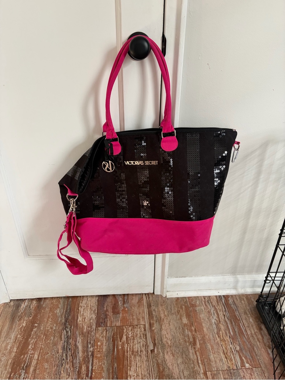 Victoria's Secret Vintage Black Sequin & Hot Pink Weekender Tote Bag
